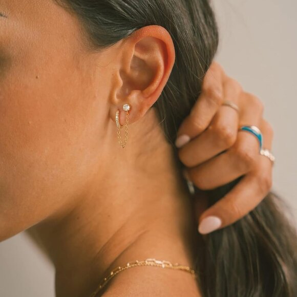 Gold Pearl Hoop Earrings for Women | 18K Gold Huggie Dangle Earrings | Lightweig - Picture 3 of 9